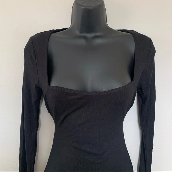 Princess Polly Black Long Sleeve Square Neck Tie Cut Out Back Mini Dress - Picture 5 of 11